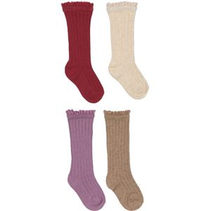 Kniekousen - 2 Paar - Paars en Bruin of Rood en Beige - Gebreid met Ruches
