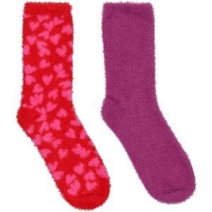Huissokken - Fluffy - 2 Paar - Rood en Paars