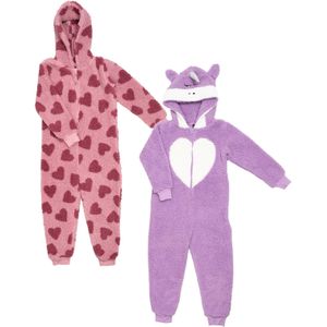 Onesie - Fleece - Meisjes - Capuchon - Roze met Hartjesprint of Paars met Unicorn-hoofd