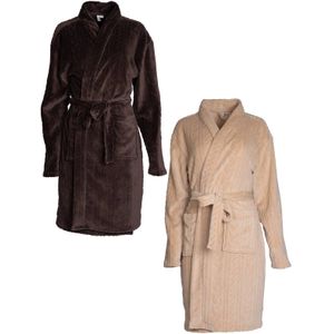 Badjas - Dames - Gebreide Coral Fleece - Beige of Bruin