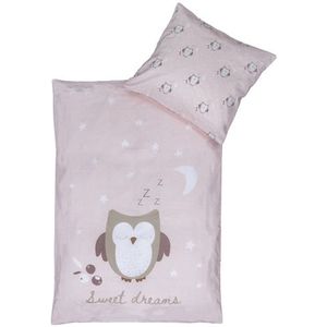 Uil beddengoed 70x100 cm - Lichtroze baby beddengoedset met slapende uil - Keerbaar motief - 100% katoenen beddengoed - Nordstrand Home