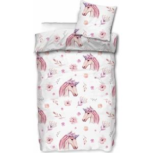 Junior - Dekbedovertrek - Wit en Lichtroze - 100x140 cm - Eenhoorn met Bloemen - 100% Katoen