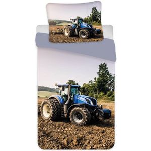 Junior tractor beddengoed 100x140 cm - Beddenset met blauwe tractor - 2-in-1 design - 100% katoen