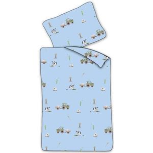 Baby beddengoed 70x100 cm - Blauw beddengoed met tractor en koeien - 100% zacht katoenen beddengoed