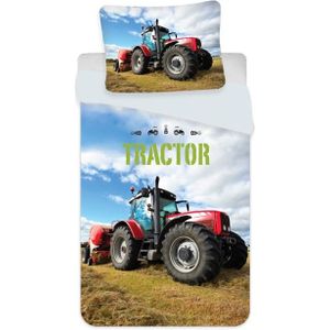 Tractor junior beddengoed 100x140 cm - Beddenset met rode tractor - 2 in 1 design - 100% katoen