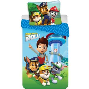 Paw Patrol beddengoed 140x200 cm - Wendbaar beddengoed met Paw Patrol bij de uitkijktoren - 100% katoen beddengoed