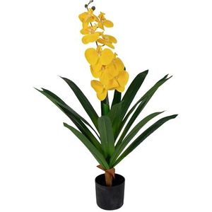 Kunstorchidee - 80 cm - Enkel vertakte gele bloemen - Kunstbloem in zwarte pot
