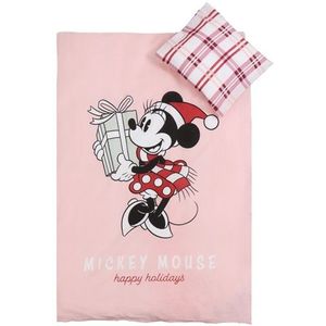 Junior kerstbeddengoed - 100x140cm - 100% zacht katoen - Minnie Mouse met kerstcadeau en kerstmuts