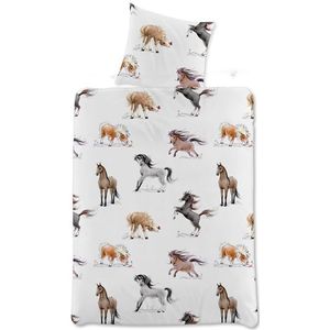 Paarden - Junior Dekbedovertrek - Wit - 100x140 cm - 100% Katoen Satijn
