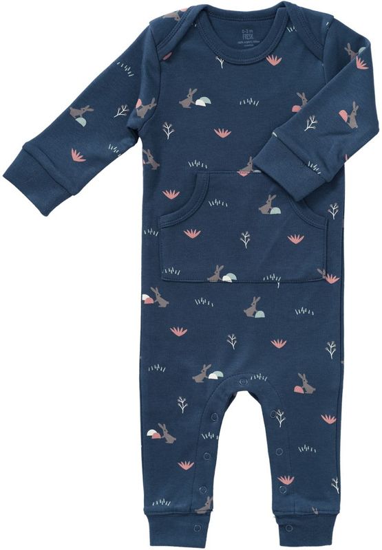 Fresk Pyjama voor Baby's - Newborn - Boxpakje zonder Voeten - Babypakje - Biologisch Katoen - Blauw - Rabbit Mood Indigo