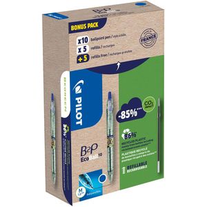 Pilot Ecoball B2P BeGreen balpen, medium punt, 0,3 mm  10 stuks + 10 vullingen, blauw