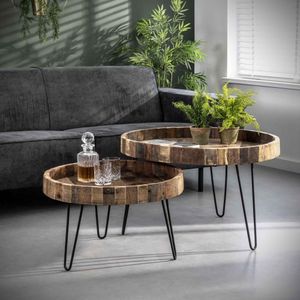 GM Salontafel Lodge Rond Set Van 2 - Gerecycled Hout/Metaal - 80x80x50cm