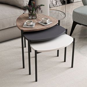 Arabic House Salontafel Lenny Wit/Antraciet/Walnoot Set Van 3 - Metaal/Melamine - 45x45x45cm
