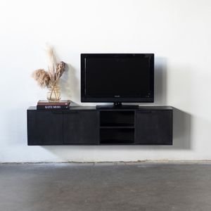 Zwevend Tv-meubel Zen Zwart 160cm - IJzer/Mangohout - Giga Meubel