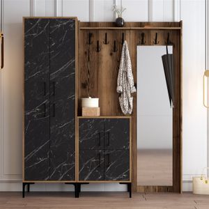 Arabic House Garderobemeubel Berlin Met Spiegel Walnoot Zwart Marmerlook - Melamine - 200x180cm