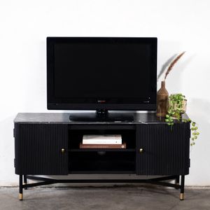 Tv-meubel Japandi Zwart Met Marmer 130cm - Marmer/Mangohout - Giga Meubel