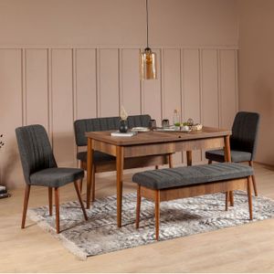 Arabic House Eettafel (Uitschuifbaar) & Eetkamerstoelen Vina Set Van 5 Melamine Walnoot Antraciet - Melamine - 130x80x77cm