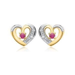 14 karaat oorbellen 2 robijnen 2 Diamanten 0,008 ct.