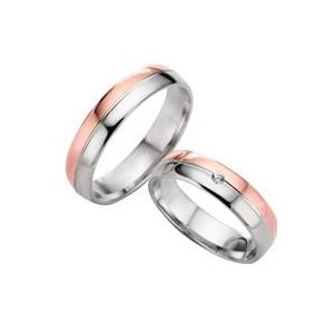Trouwringen rood en witgoud met Diamant breedte 5 mm