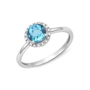 Halo ring 14k witgoud 18 Diamanten blauwe Topaas