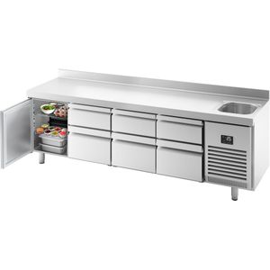 Koelwerkbank Premium PLUS - 2452x600mm - met 1 spoelbak, 3 deuren, 3 laden & achterwand