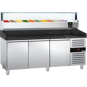 Pizza koelwerkbank PREMIUM - 2000x800mm - met 3 deuren - incl. koelopzetvitrine LED - 10x GN 1/4