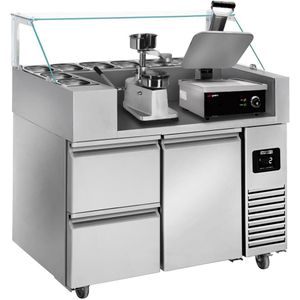 Voorbereidingstafel - 1210mm - 1 deur & 2 laden - voor 9x GN 1/6 - incl. contactgrill & hamburgermachine