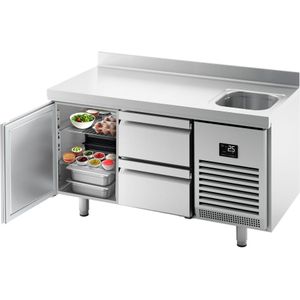 Koelwerkbank Premium PLUS - 1468x600mm - met 1 spoelbak, 1 deur, 2 laden & achterwand