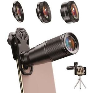 APEXEL Telefoon Camera Lens Kit, 22X Telelens + 120° Groothoeklens + 25X Macro Lens + 205° Fish Eye Lens