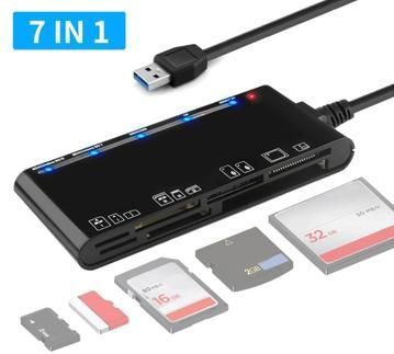 CR7 Multifunctionele USB 3.0-kaartlezer - CF/SD/MS/TF-kaarten - Zwart