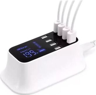 8-poorts USB-bureauoplader met LED-monitor - wit