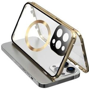 Compatibel met MagSafe Case voor iPhone 15 Pro Magnetisch metalen frame + dubbelzijdige telefoonhoes van gehard glas met gespsluiting - Goud