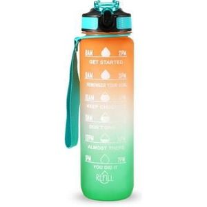 1L Sport Waterfles met Tijdmarkering Waterkan Lekvrije Drink Waterkoker voor Kantoor School Kamperen (BPA Vrij) - Oranje/Groen