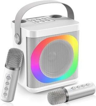 YS307 Home Karaoke Bluetooth Speaker RGB Licht Luidspreker met 2 Microfoons - Zilver