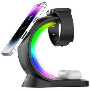 T17 3-in-1 RGB Licht Magnetische Draadloze Oplader voor iPhone 12 / 13 / 14 / 15 / 16-serie Desktop Snel Opladen Stand Compatibel met MagSafe - Zwart