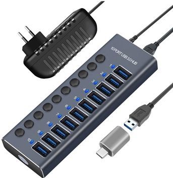 10-poorts USB 3.0 hub met individuele stroomschakelaars - Grijs