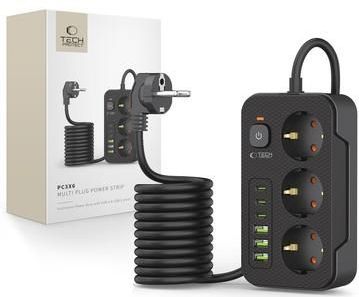Tech-Protect PC3X6 Stopcontact - 3 USB-A & 3 USB-C Poorten met 3 Stopcontacten, 200cm - Zwart