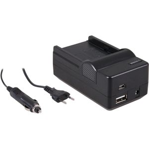 4-in-1 acculader voor Sony NP-FM50 / NP-QM71 / NP-QM91 - compact en licht - laden via stopcontact, auto, USB en Powerbank