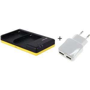 Huismerk Duo lader voor 2 camera accu's Sony NP-FM30 / NP-FM50 + handige 2 poorts USB 230V adapter