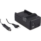 4-in-1 acculader voor Sony NP-FH30 / NP-FH40 / NP-FH50 - compact en licht - laden via stopcontact, auto, USB en Powerbank