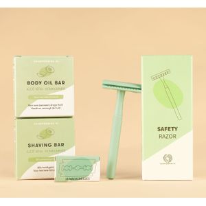 Shaving Bar Aloë Vera + Safety Razor + Navul Mesjes + Body Oil Bar Aloë Vera