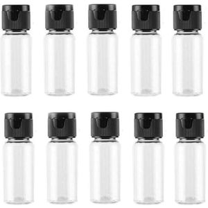 Inovra - Set van 20 transparante plastic flessen 15 ml met zwarte klepdop | Voor reismonsters, verzachtend water, douchegel, crème, emulsie