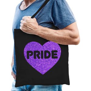 Bellatio Decorations Gay Pride tas heren - zwart - katoen - 42 x 38 cm - paars glitter hart - LHBTI