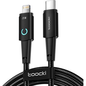 Toocki Oplaadkabel 'Fast Charging' - USB-C naar Lightning - 20W 3A Snellader - Power Delivery - 1 Meter - voor Apple iPhone 8/X/XS/XR/11/12/13/14/SE, iPad, AirPods, Watch - Tot 3 Keer Sneller - gevlochten Nylon - LED Indicator - Apple Carplay - ZWART