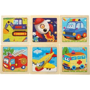 Houten puzzel - 6x - 9 delig - Brandweer politie ambulance vliegtuig raket graafmachine 11x11 cm - Montessori