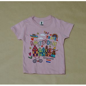 T-shirt roze Amsterdam travel kinderen | Maat 86
