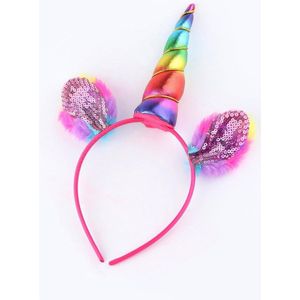 KIMU Eenhoorn Haarband Regenboog Pluche - Roze Unicorn Diadeem Met Oortjes - Gekleurde Hoorn Nepbont Rainbow Lollipop Festival