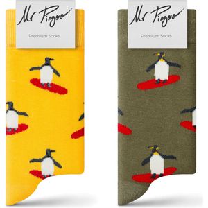 Mr Pingoo Sokken voor Heren en Dames - 2 paar - Unisex Grappige Sokken - Vrolijke Pinguïn Sokken - Geel & Groen - 36-40