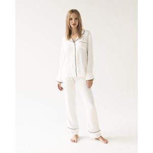 Dames pyjama Charlotte-satijn-lange mouwen & broek- zwarte accenten-wit-maat M