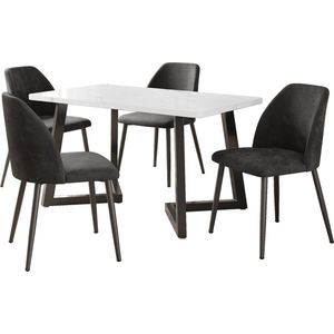 Merax Eethoek Set (5-delig) - 117x68 cm Eettafel met 4 Donkergrijze Stoelen - Moderne Eettafel met Marmerlook Tafelblad en Stijlvolle Stoelen met IJzeren Poten